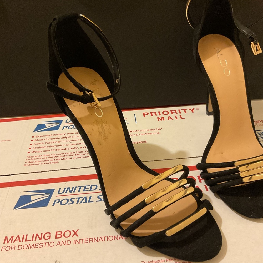 Aldo Black Suede Strappy Heels with Gold Tone Bars
